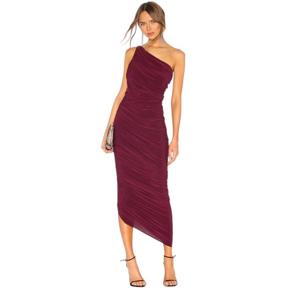 Norma Kamali Diana Plum Wine One Shoulder Formal Asymmetrical Rusched Dress Gown - Picture 4 of 12